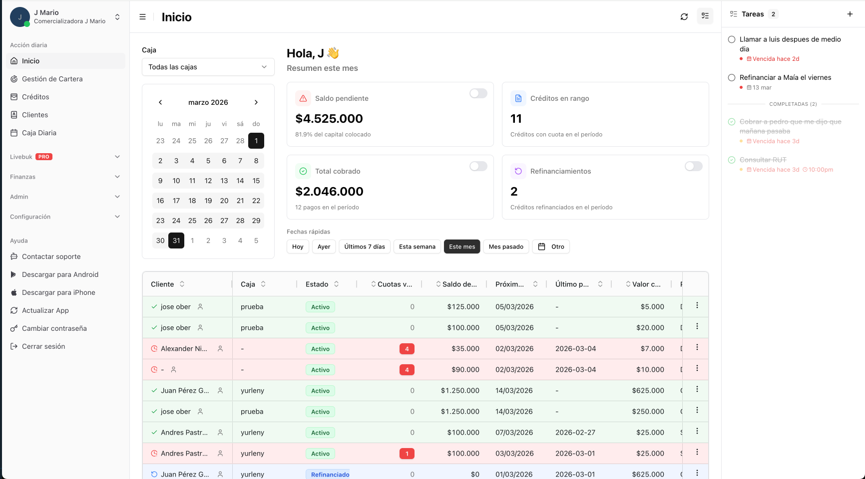 Livebuk App - Reporte de cartera de créditos